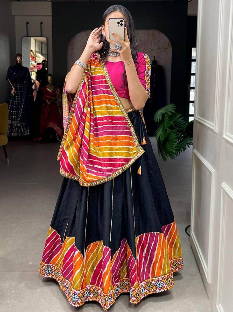 Beautiful Black Gamthi Work Pure Cotton Navratri Lehenga Choli - Zeel Clothing