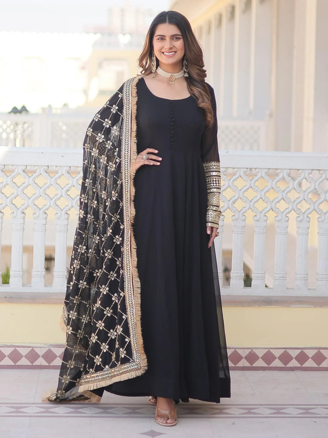 Beautiful Black Georgette Reception Wear Gown With Heavy Dupatta