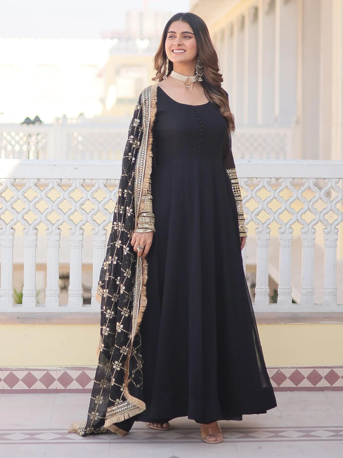 Beautiful Black Georgette Reception Wear Gown With Heavy Dupatta