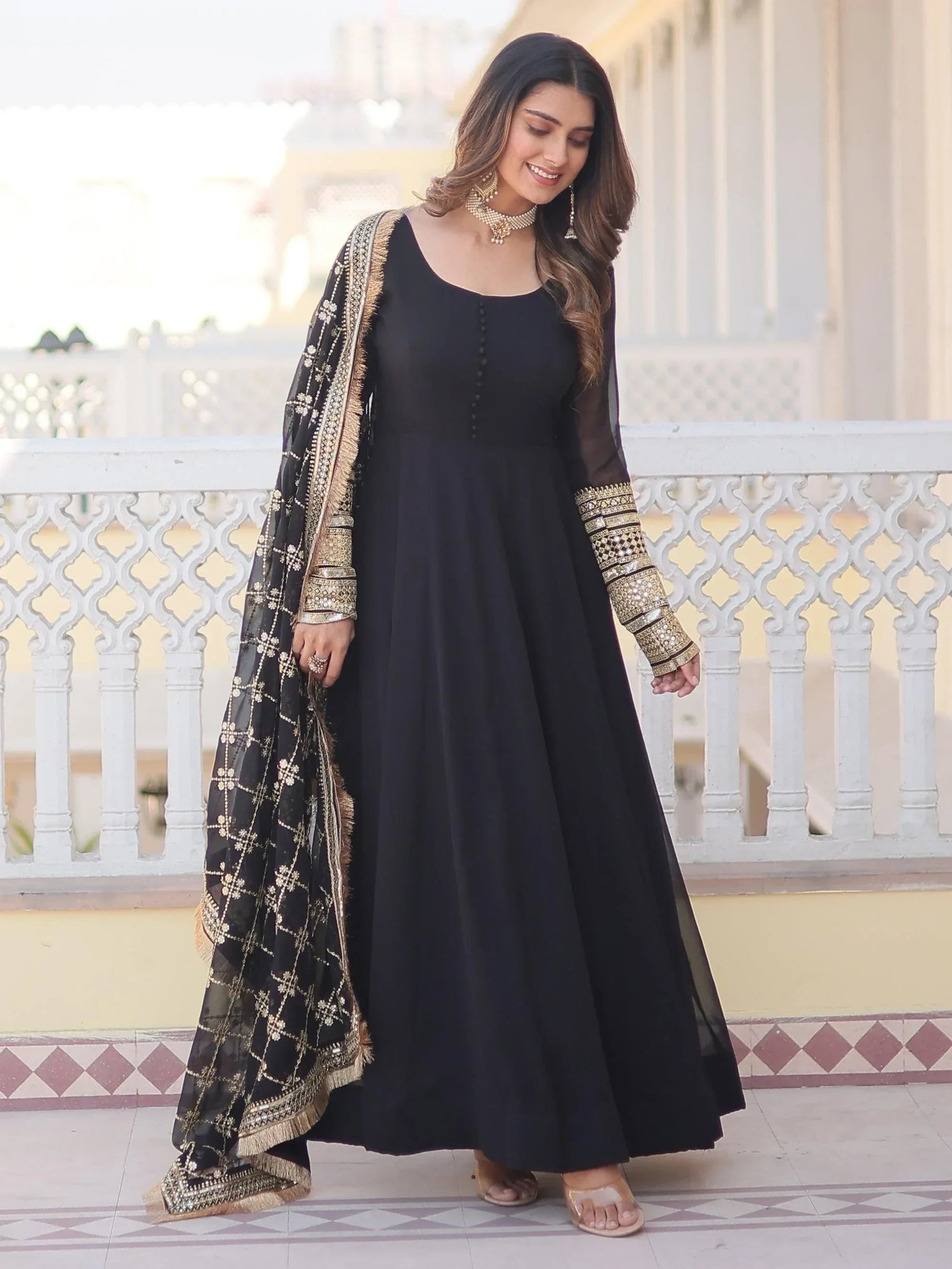 Beautiful Black Georgette Reception Wear Gown With Heavy Dupatta