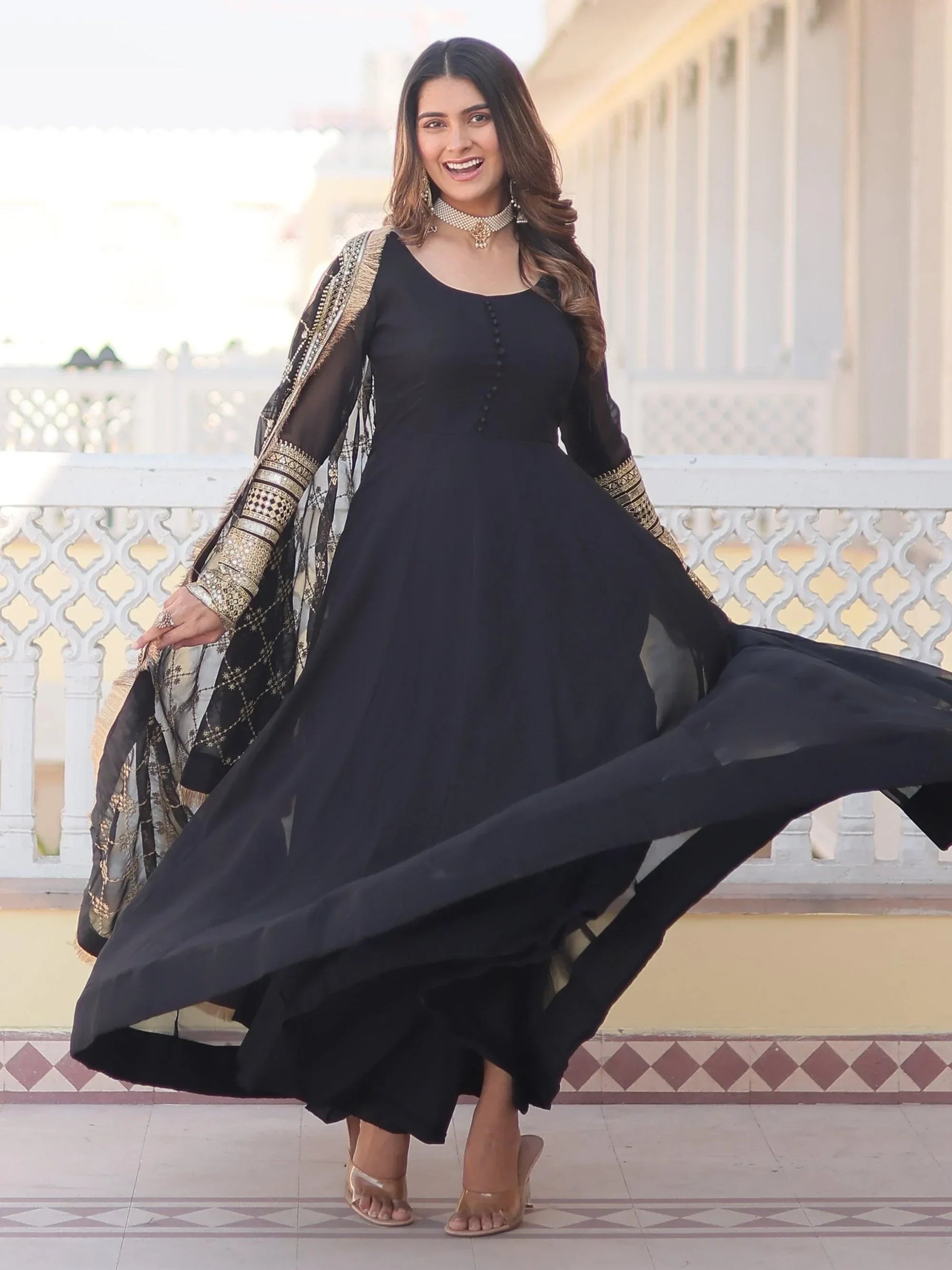 Beautiful Black Georgette Reception Wear Gown With Heavy Dupatta