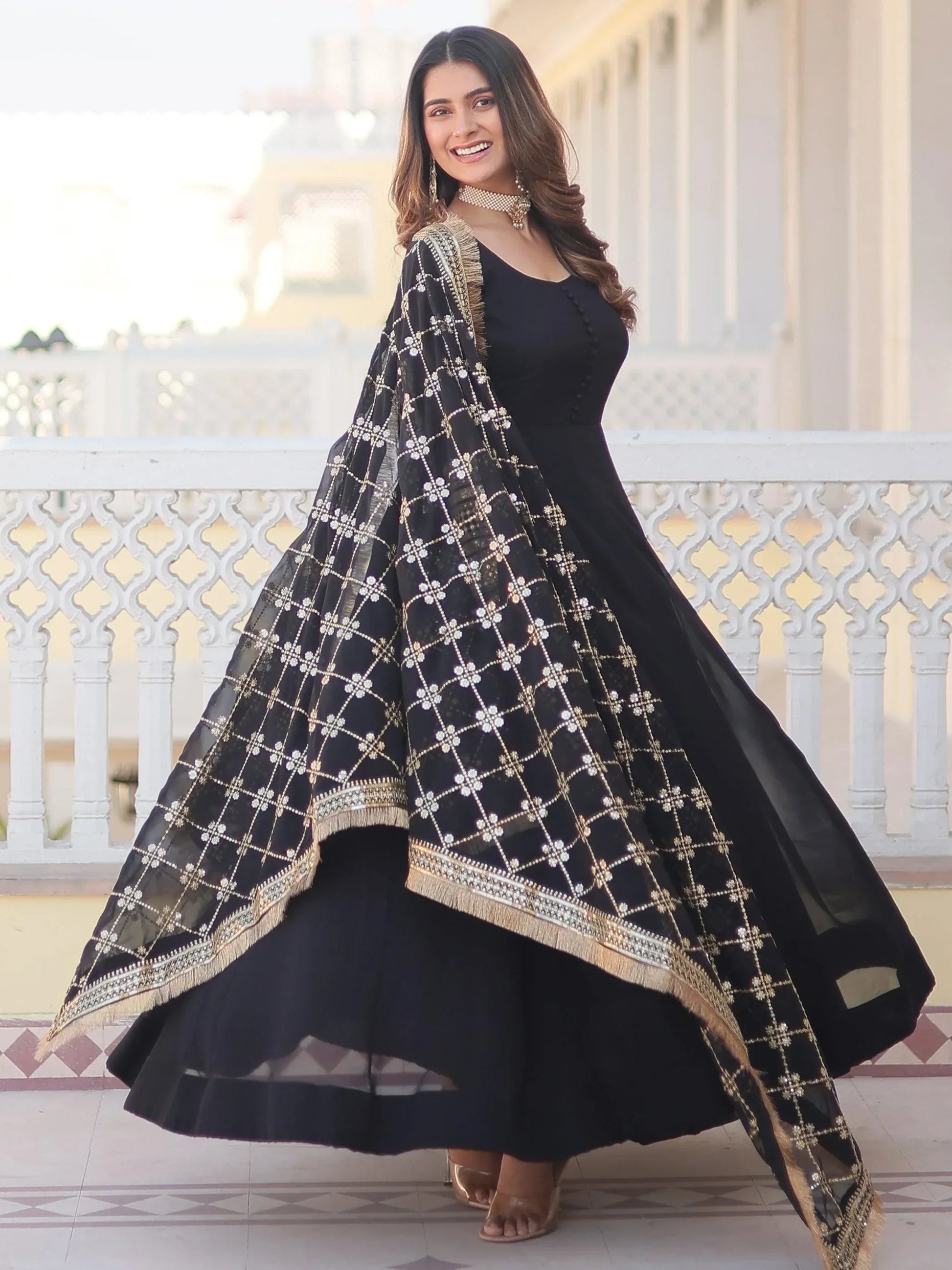Beautiful Black Georgette Reception Wear Gown With Heavy Dupatta