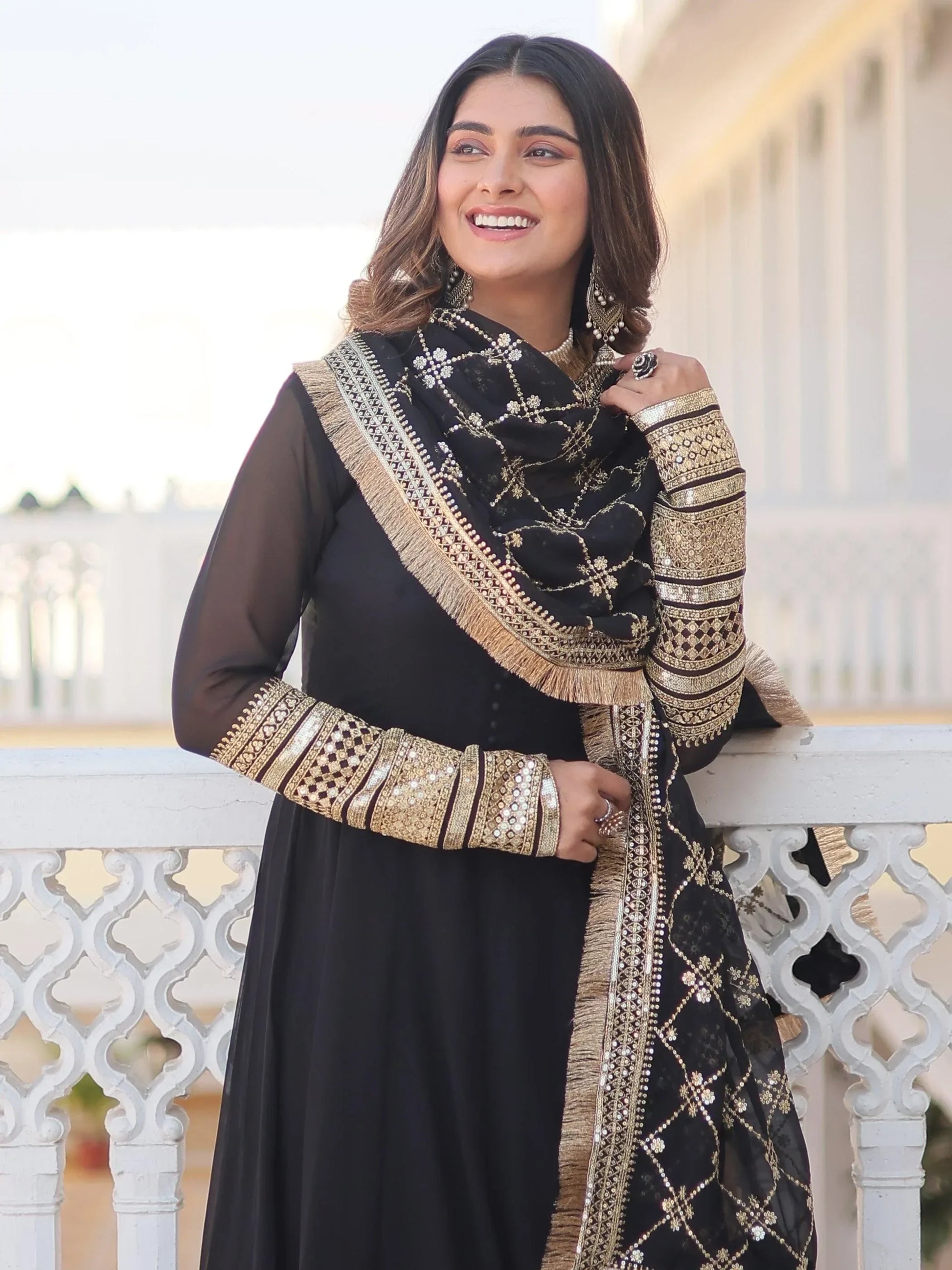 Beautiful Black Georgette Reception Wear Gown With Heavy Dupatta