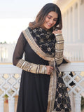 Beautiful Black Georgette Reception Wear Gown With Heavy Dupatta