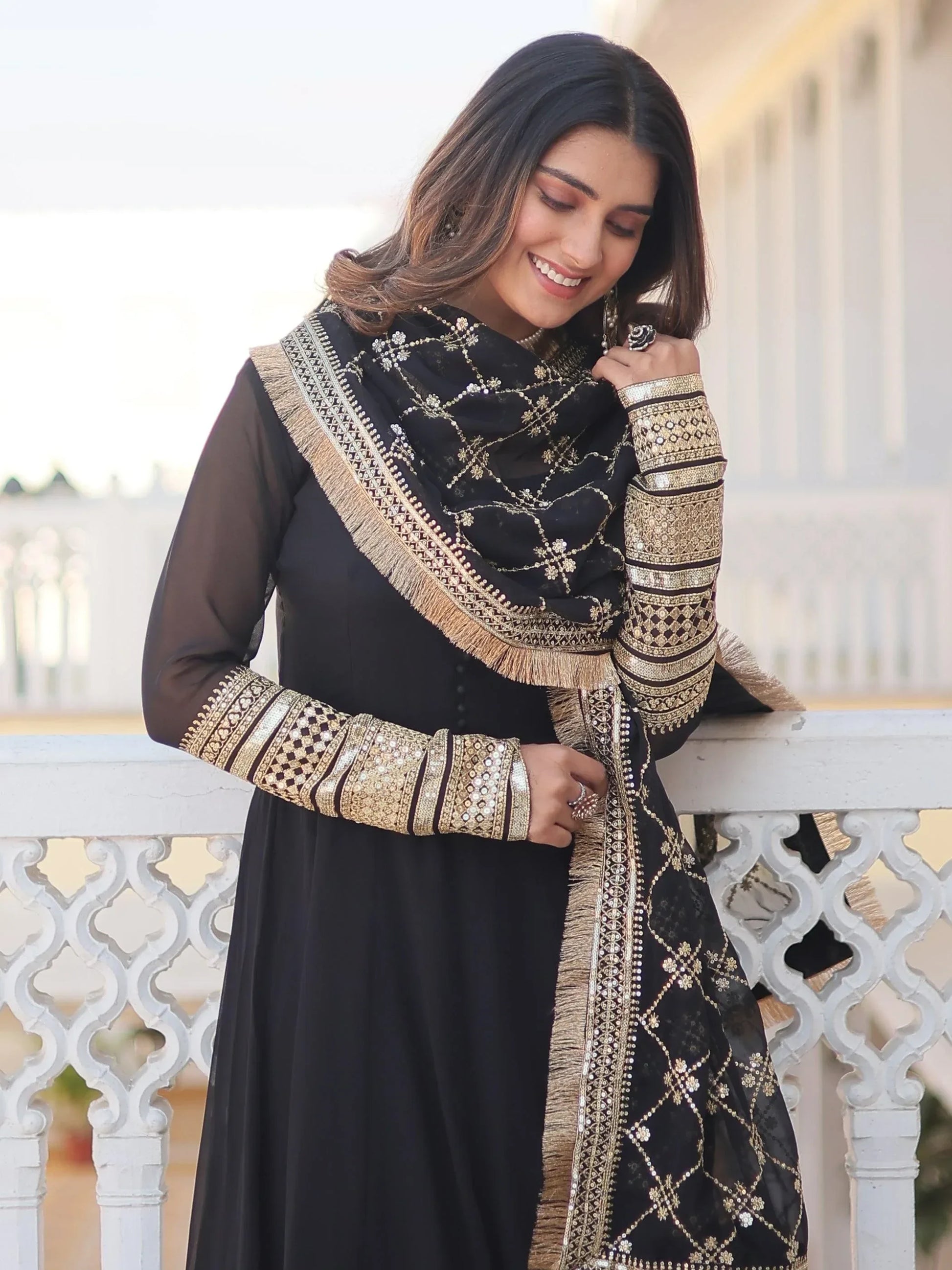 Beautiful Black Georgette Reception Wear Gown With Heavy Dupatta