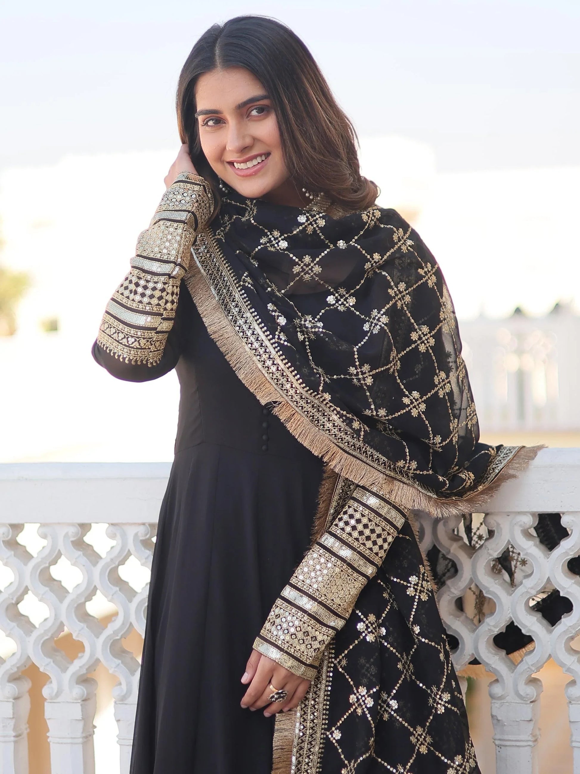 Beautiful Black Georgette Reception Wear Gown With Heavy Dupatta