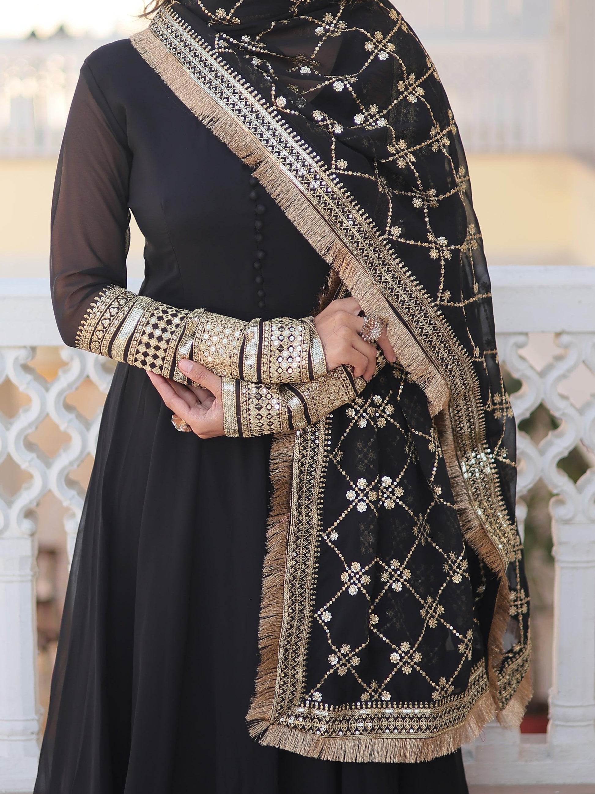 Beautiful Black Georgette Reception Wear Gown With Heavy Dupatta