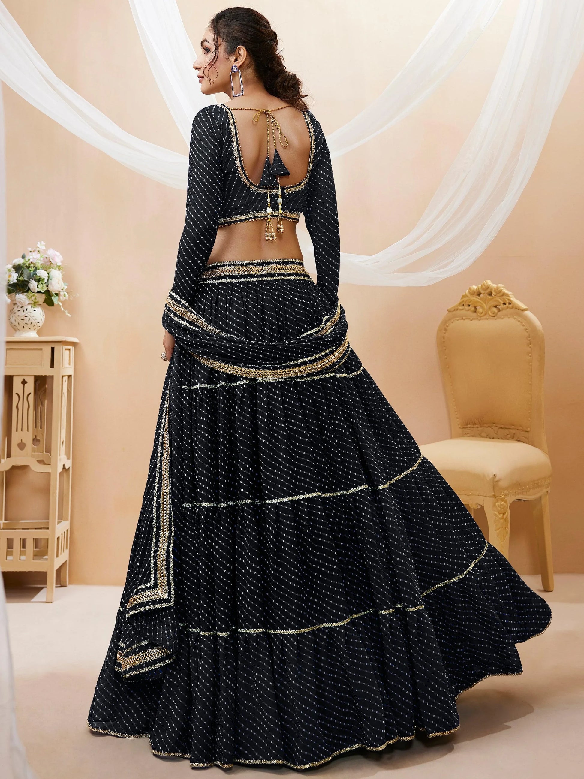 Beautiful Black Leheriya Printed Georgette Lehenga Choli With Dupatta