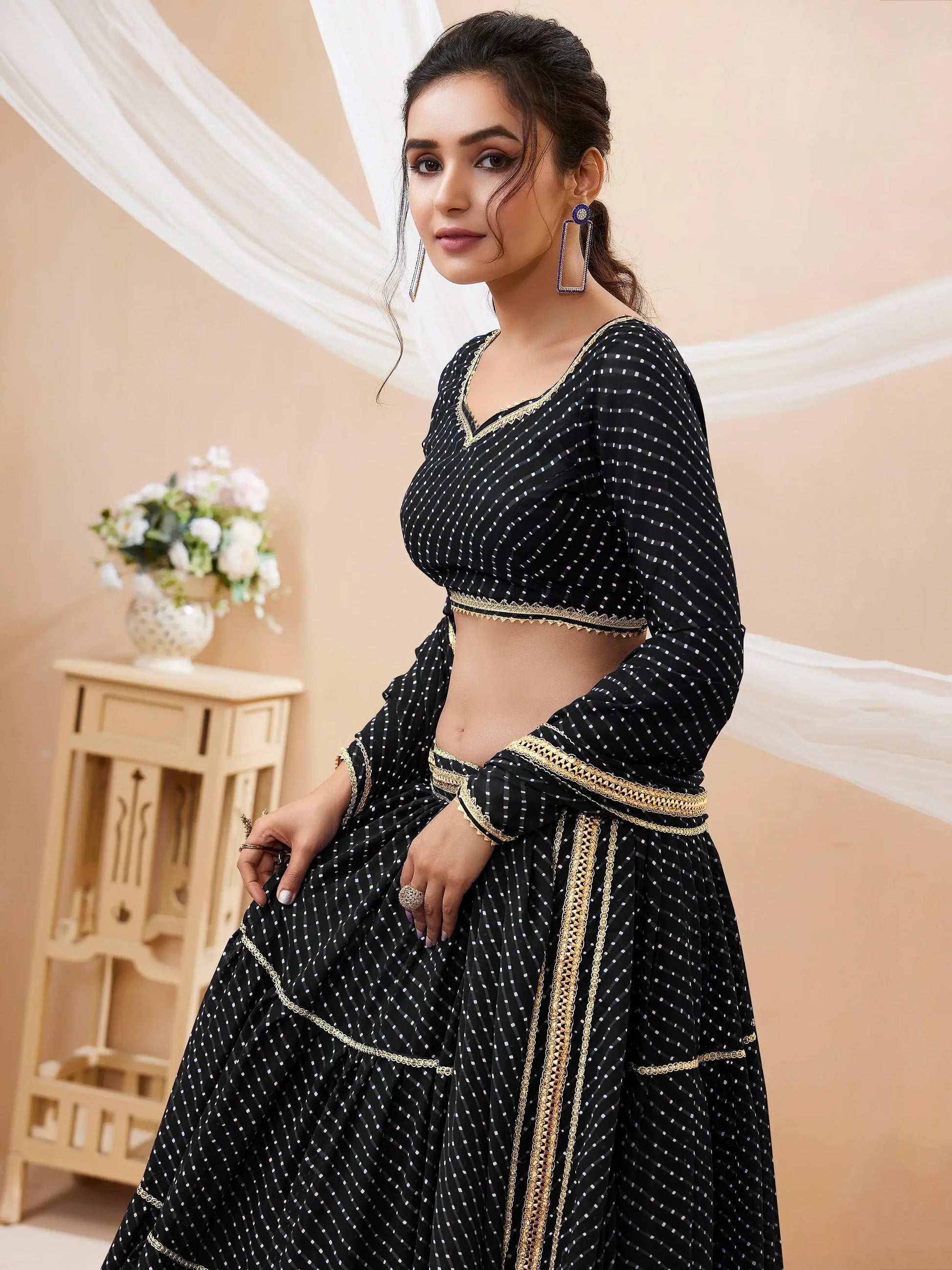 Beautiful Black Leheriya Printed Georgette Lehenga Choli With Dupatta - Zeel Clothing