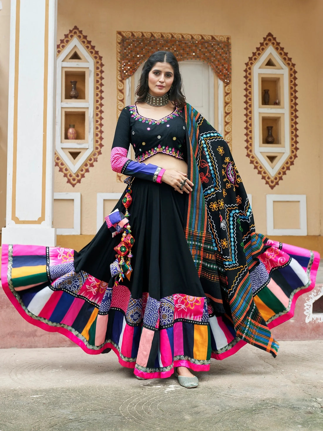 Beautiful Black Printed Rayon Navratri Wear Lehenga Choli With Dupatta - Zeel Clothing