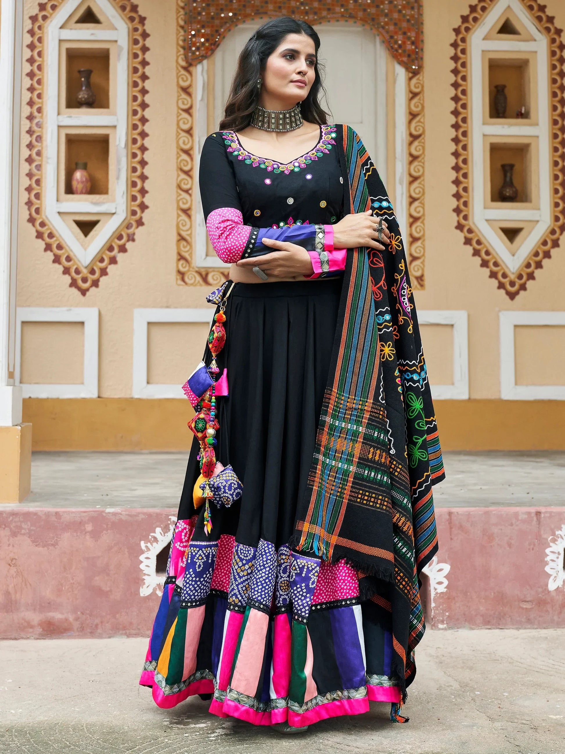 Beautiful Black Printed Rayon Navratri Wear Lehenga Choli With Dupatta - Zeel Clothing