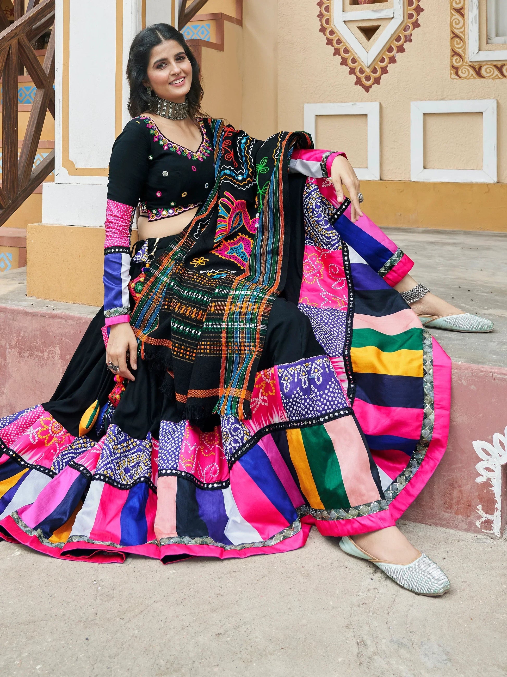 Beautiful Black Printed Rayon Navratri Wear Lehenga Choli With Dupatta - Zeel Clothing