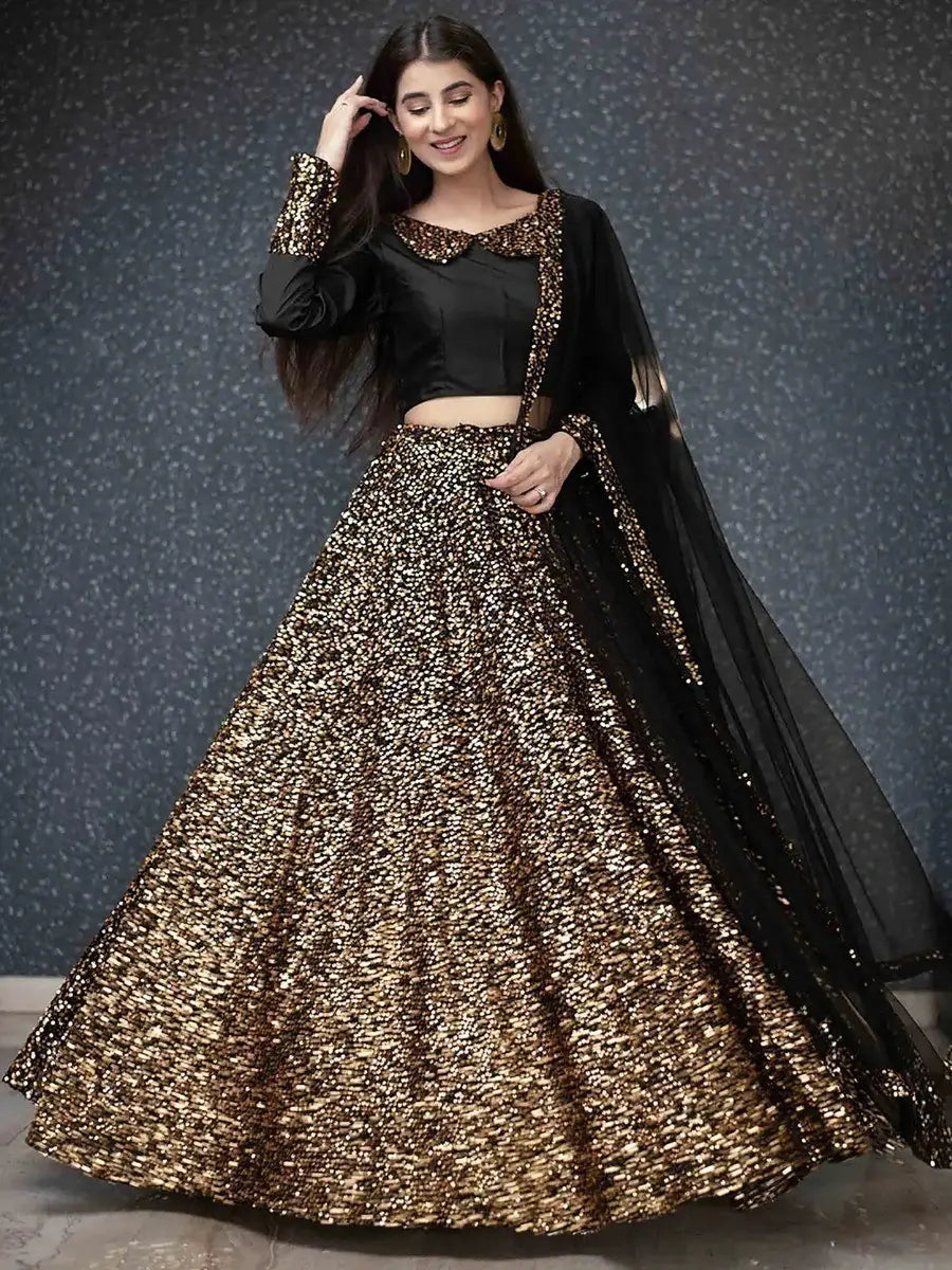 Beautiful Black Sequin Velvet Designer Lehenga Choli With Dupatta - Zeel Clothing
