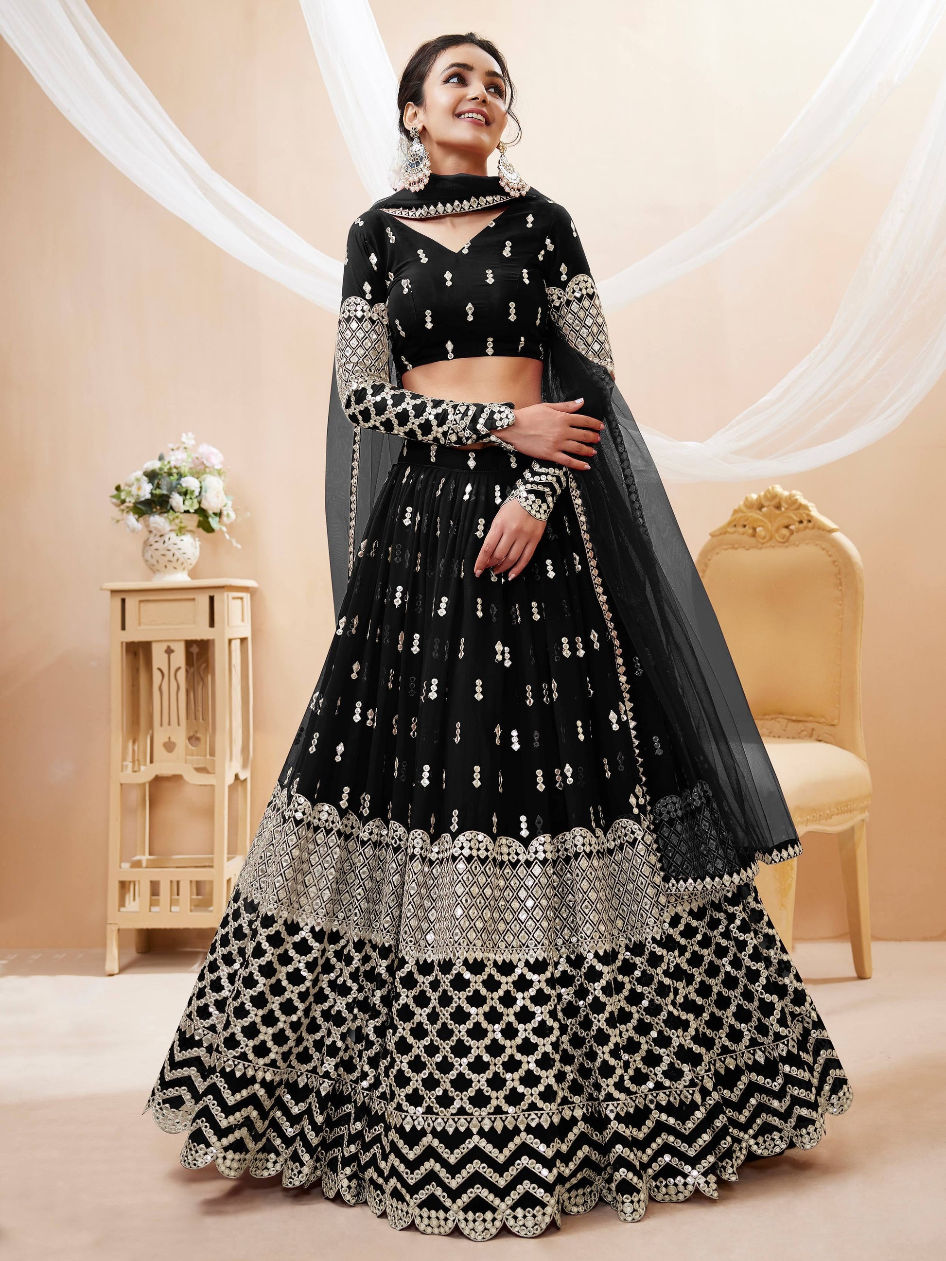 Beautiful Black Sequins Georgette Reception Wear Lehenga Choli - Zeel Clothing