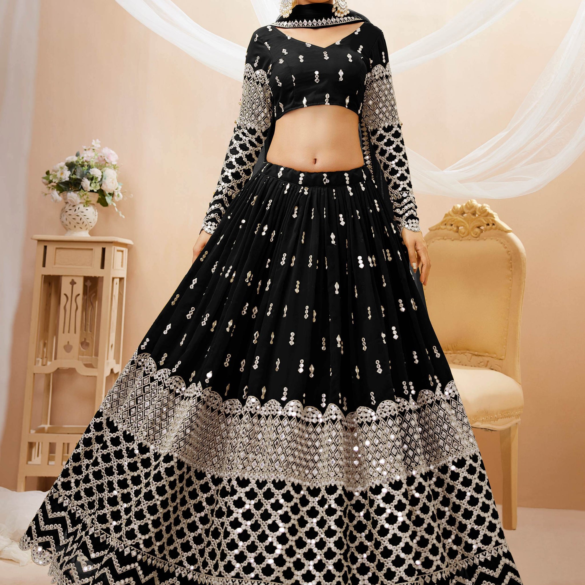 Beautiful Black Sequins Georgette Reception Wear Lehenga Choli - Zeel Clothing