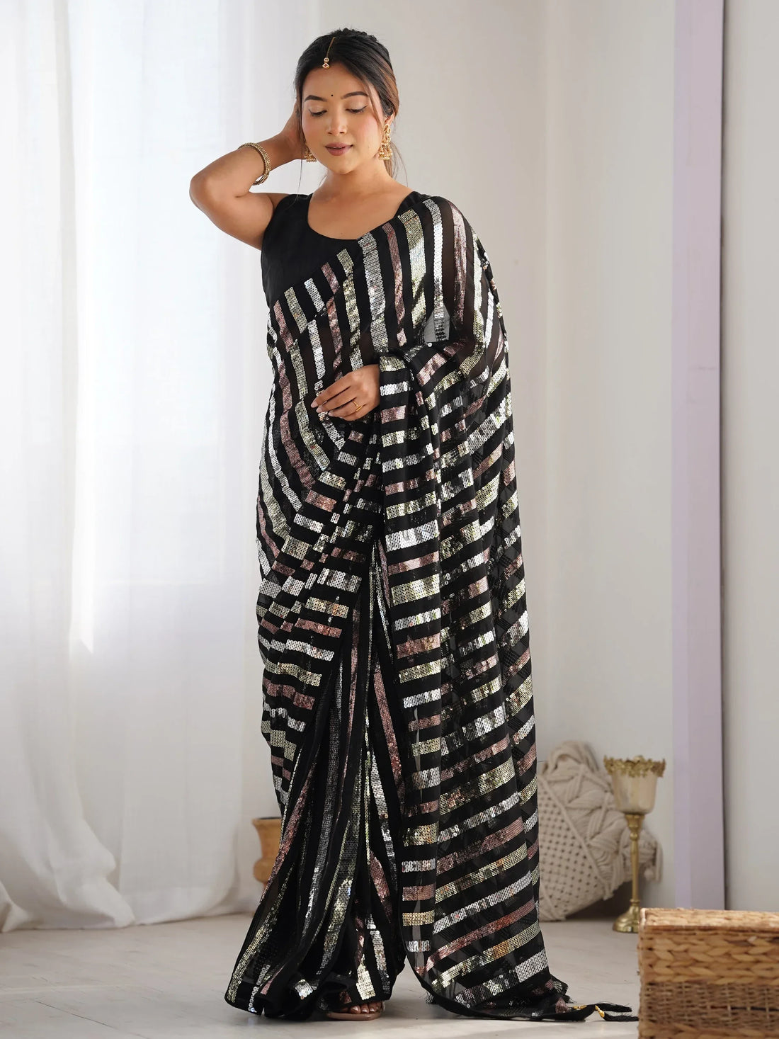 Beautiful Black Sequins Georgette Reception Wear Saree With Blouse - Zeel Clothing