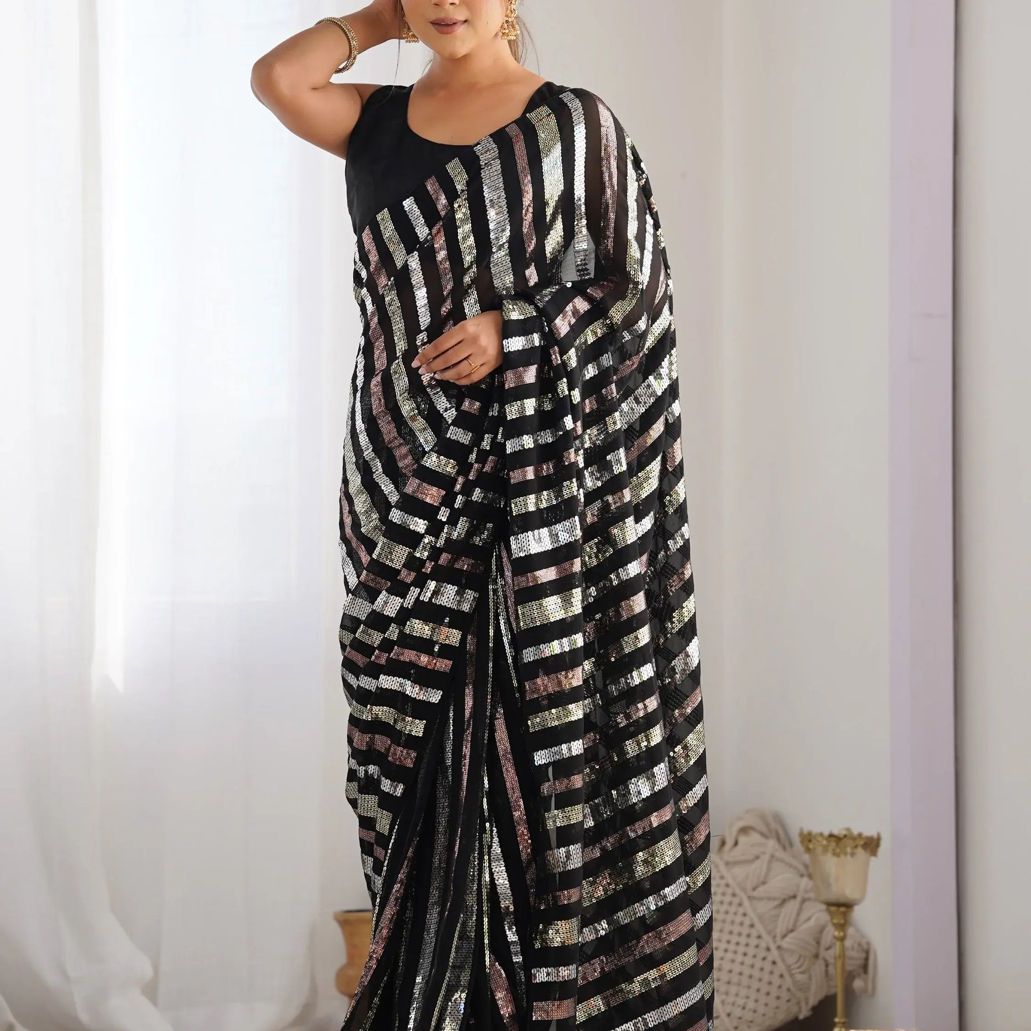 Beautiful Black Sequins Georgette Reception Wear Saree With Blouse - Zeel Clothing