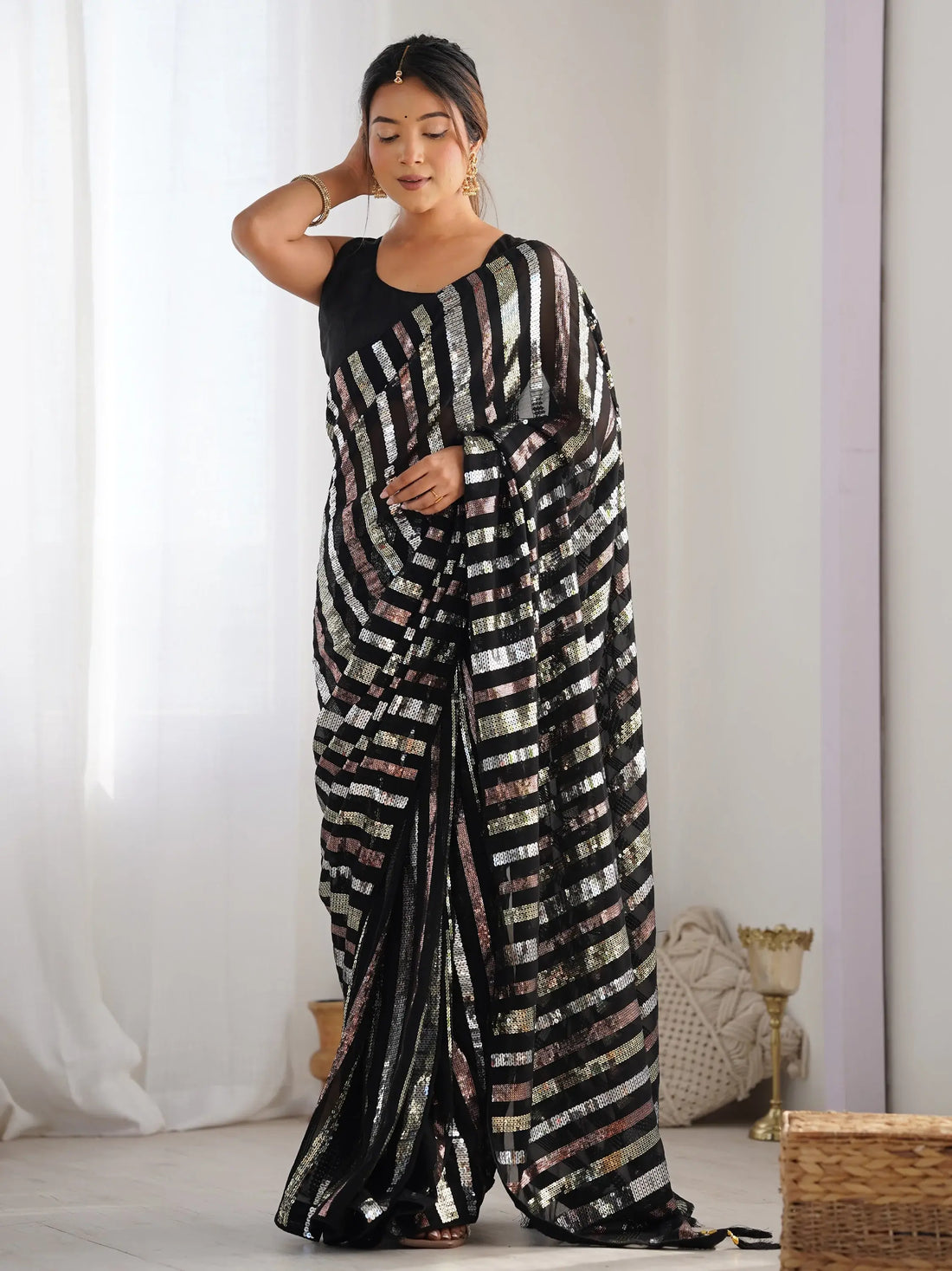 Beautiful Black Sequins Georgette Reception Wear Saree With Blouse - Zeel Clothing