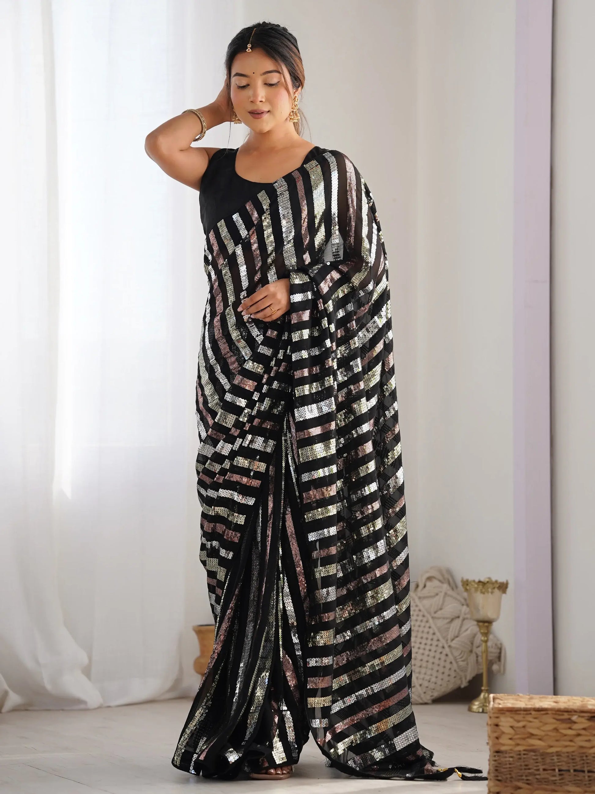 Beautiful Black Sequins Georgette Reception Wear Saree With Blouse - Zeel Clothing