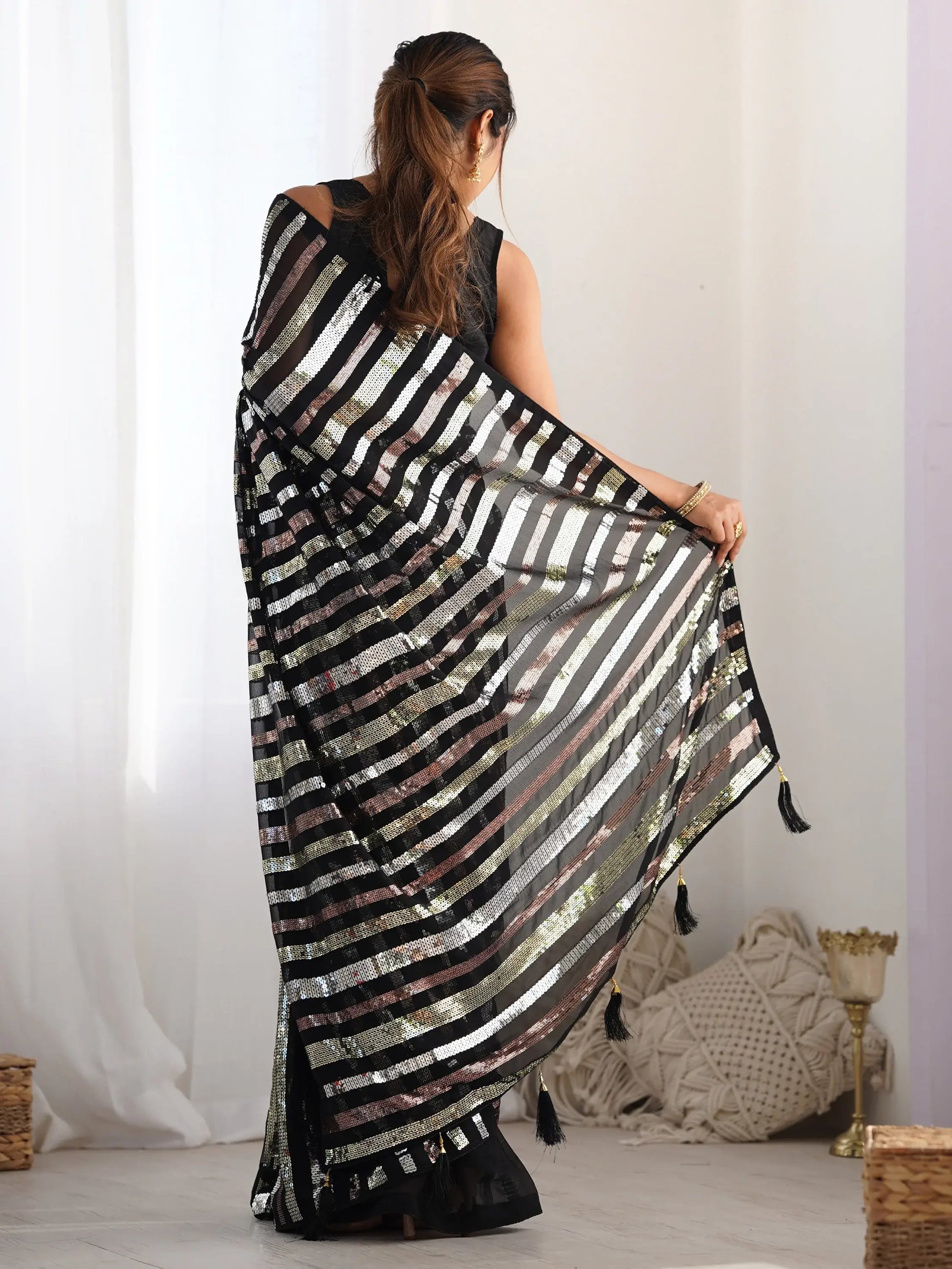 Beautiful Black Sequins Georgette Reception Wear Saree With Blouse - Zeel Clothing