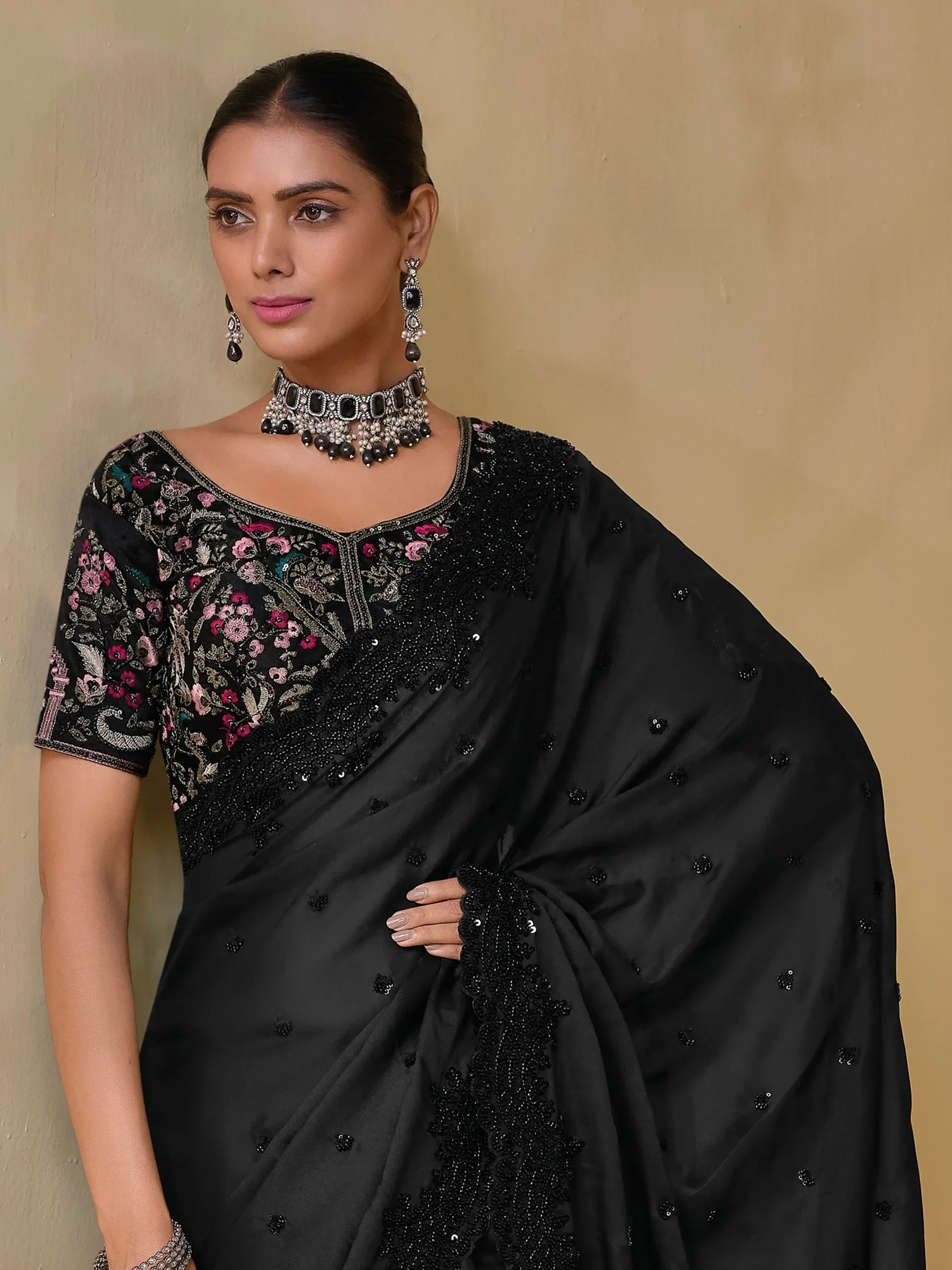 Beautiful Black Sequins Organza Party Wear Saree With Blouse - Zeel Clothing
