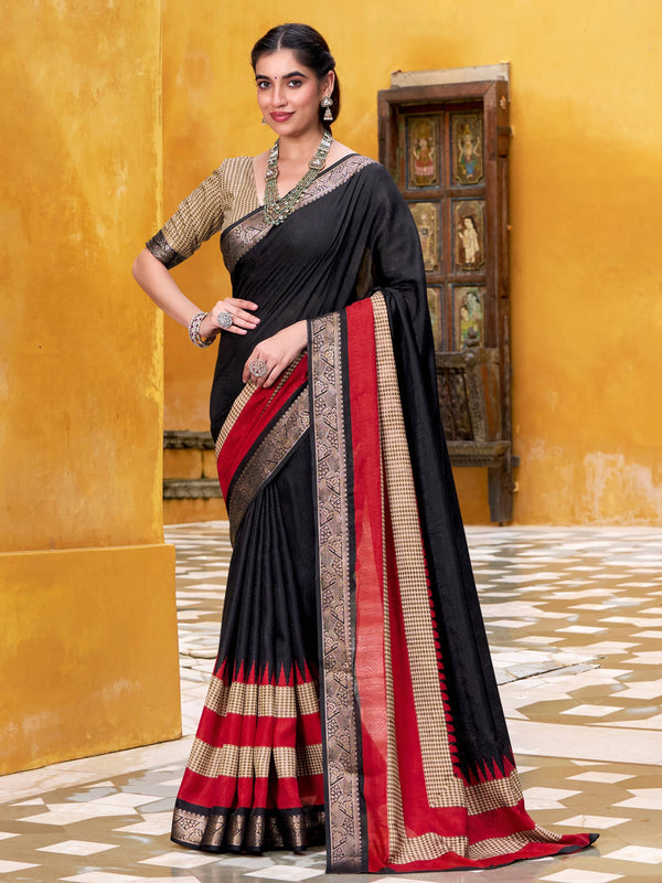Beautiful Black Zari Weaving Cotton Event Wear Saree With Blouse