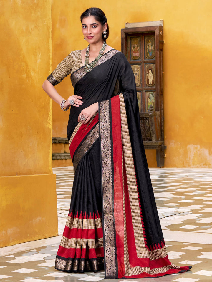 Beautiful Black Zari Weaving Cotton Event Wear Saree With Blouse