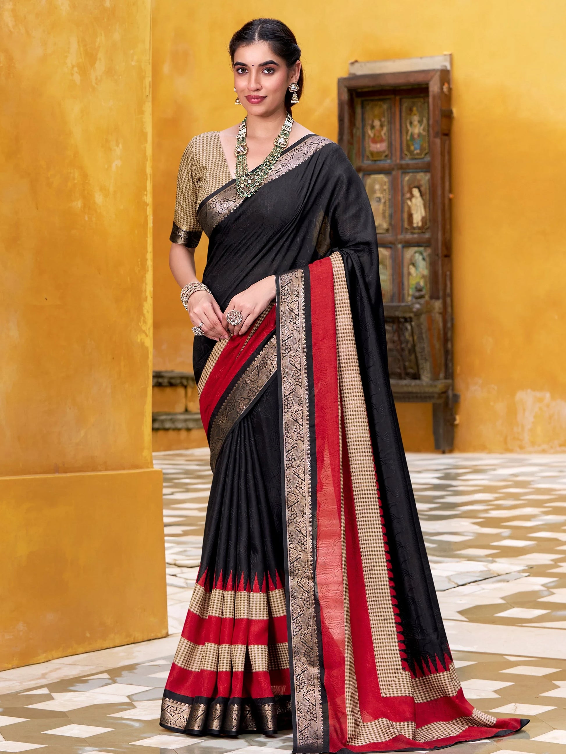 Beautiful Black Zari Weaving Cotton Event Wear Saree With Blouse