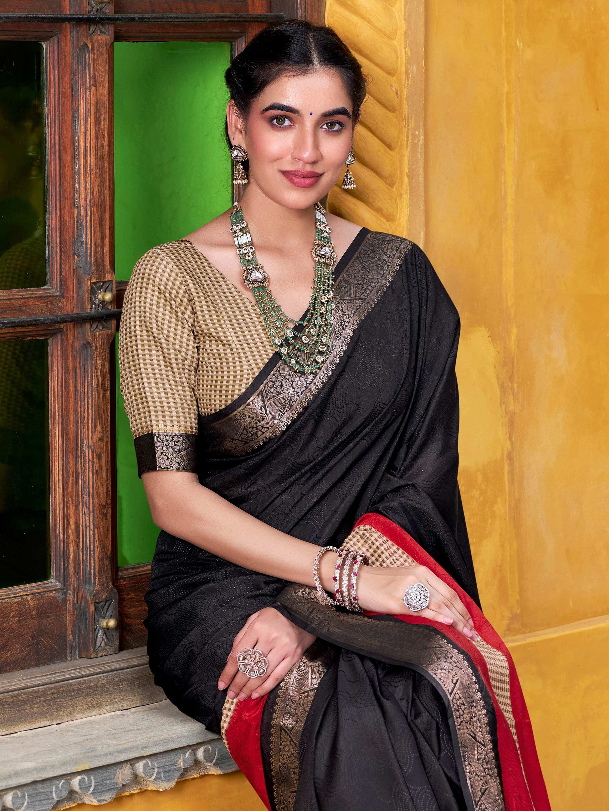 Beautiful Black Zari Weaving Cotton Event Wear Saree With Blouse