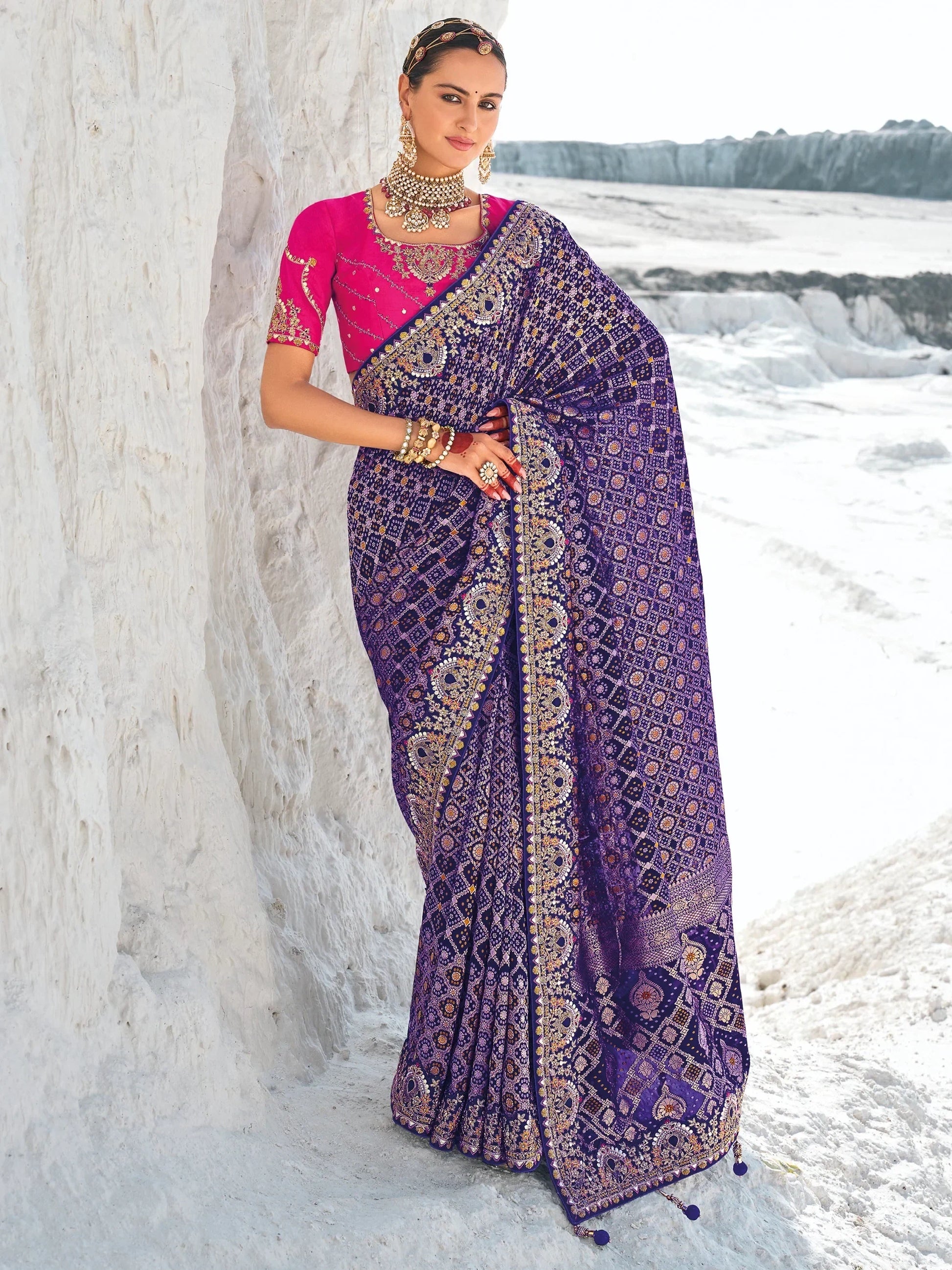 Beautiful Blue Bandhani Printed Georgette Festival Wear Saree - Zeel Clothing