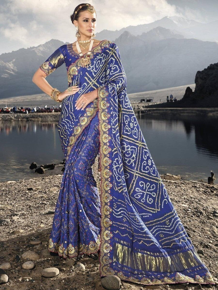 Beautiful Blue Bandhani Printed Satin Traditional Saree With Blouse