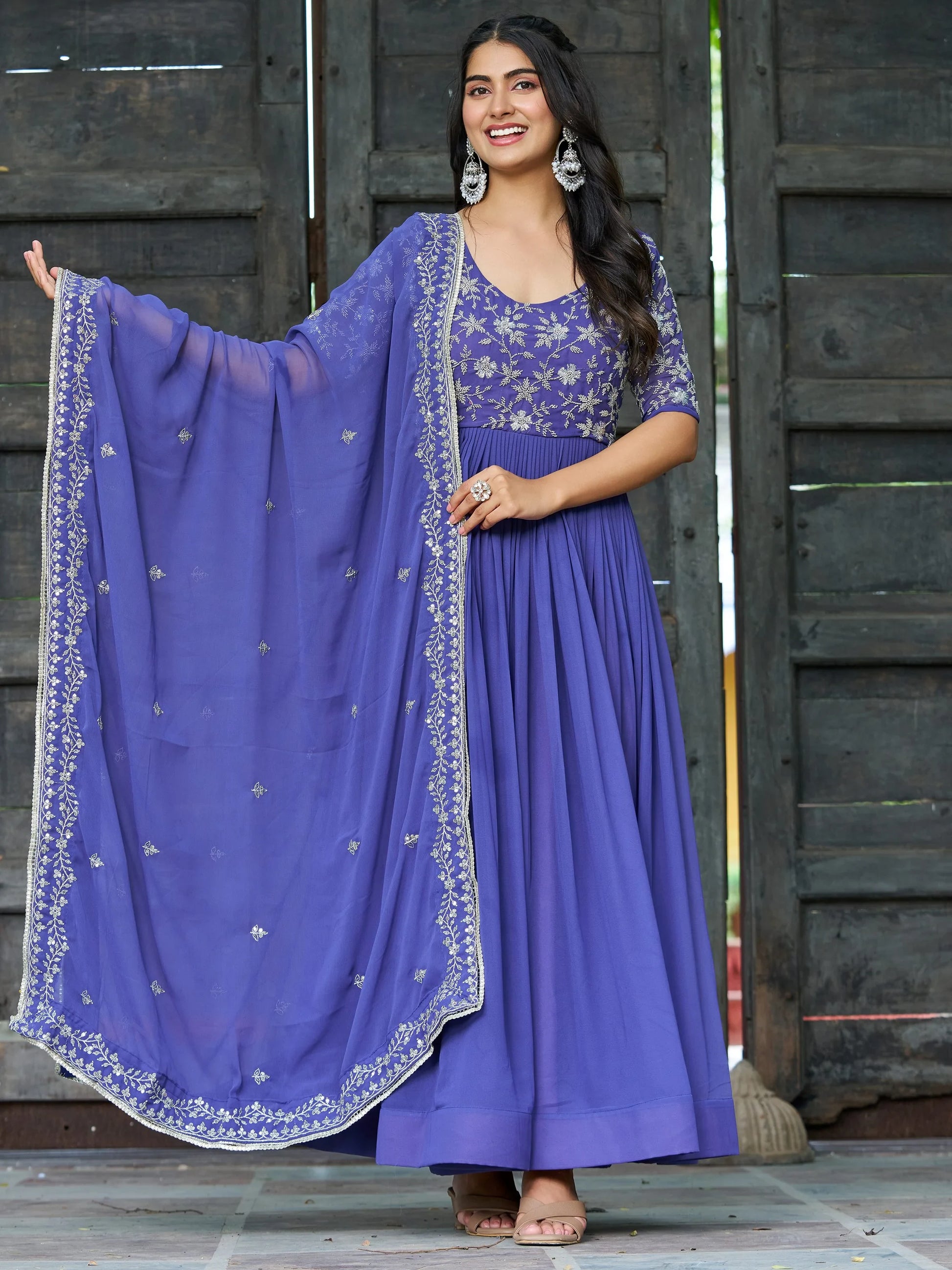 Beautiful Blue Bead Embroidered Georgette Function Wear Gown With Dupatta