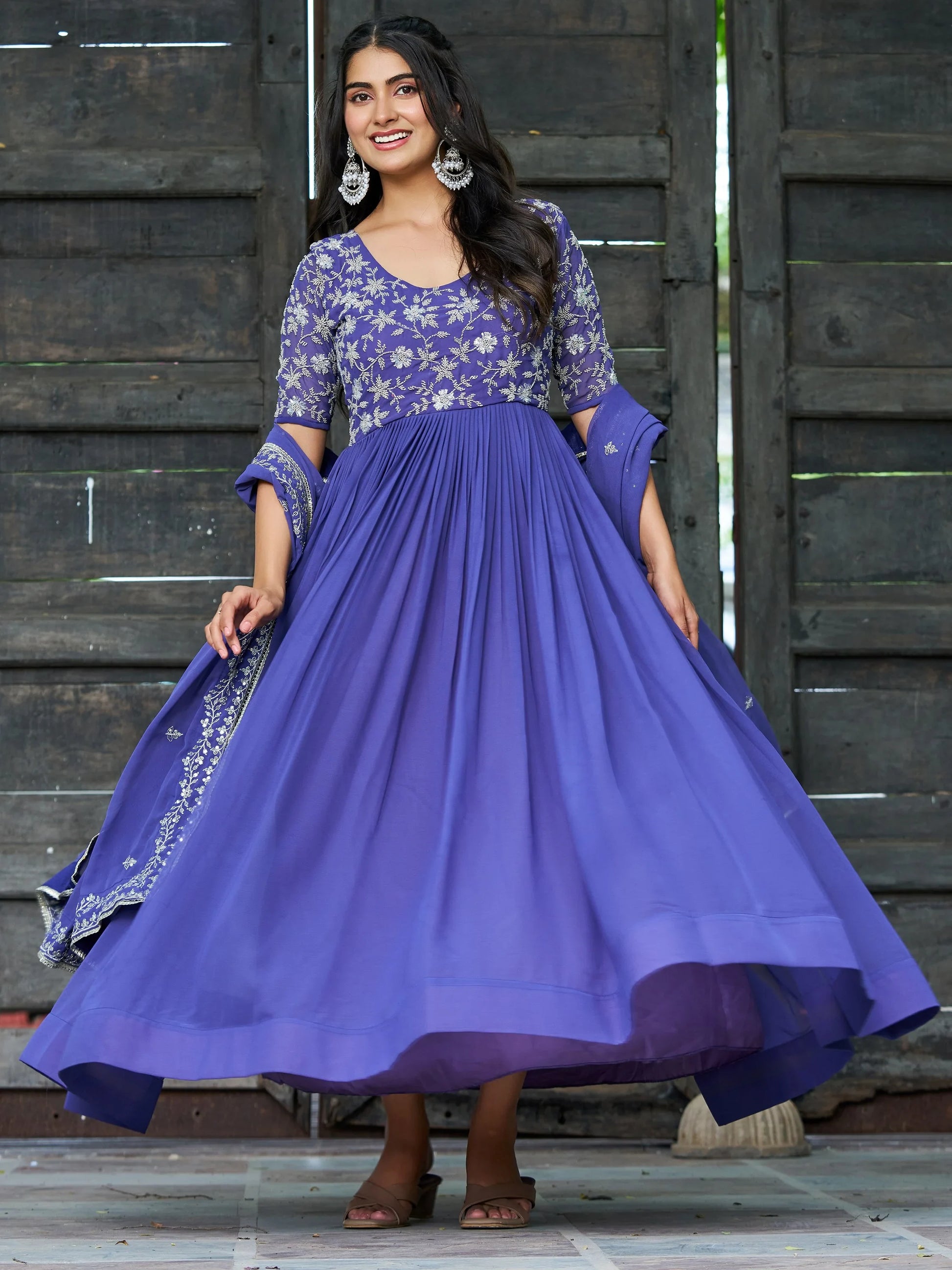 Beautiful Blue Bead Embroidered Georgette Function Wear Gown With Dupatta