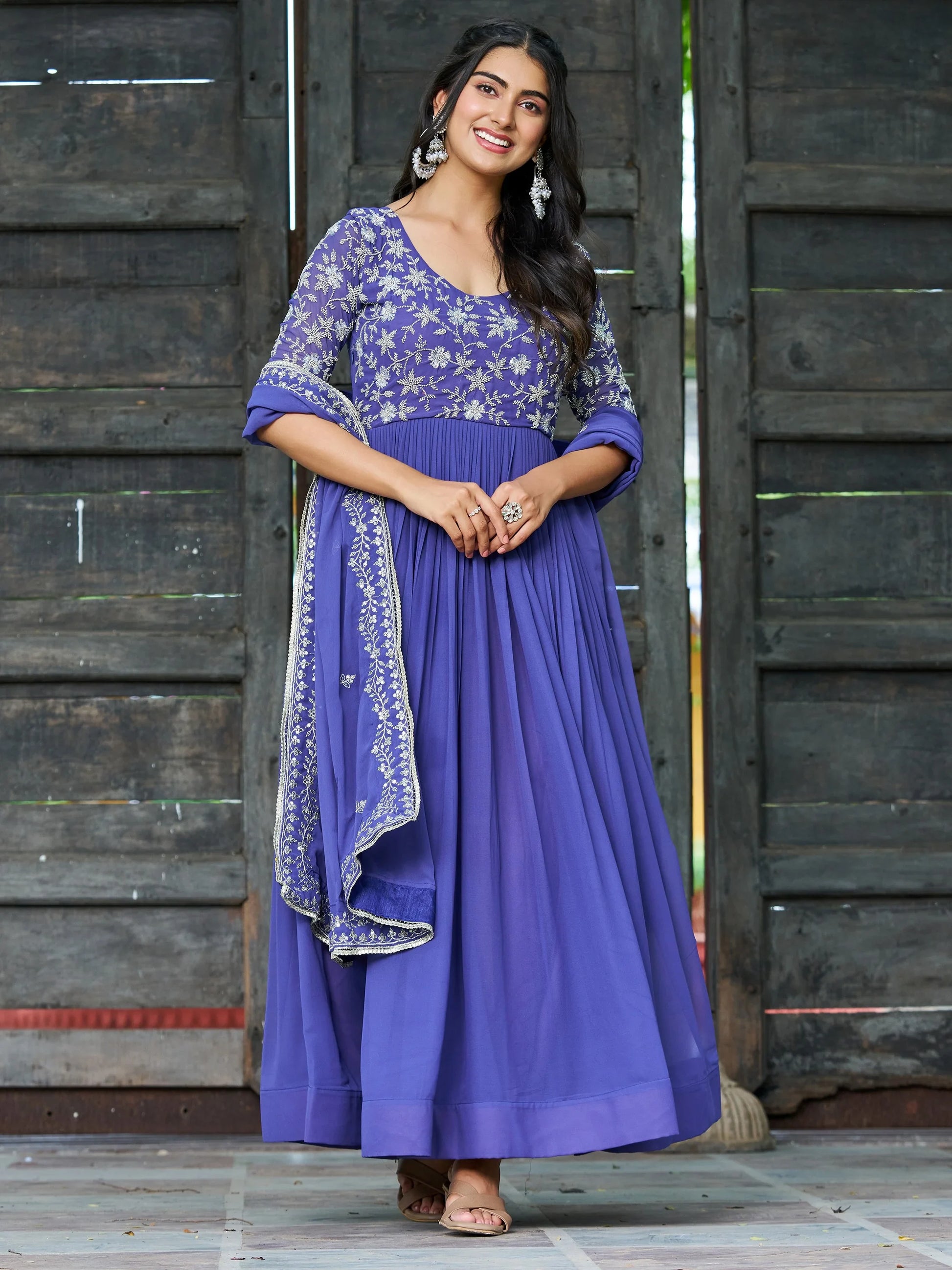 Beautiful Blue Bead Embroidered Georgette Function Wear Gown With Dupatta