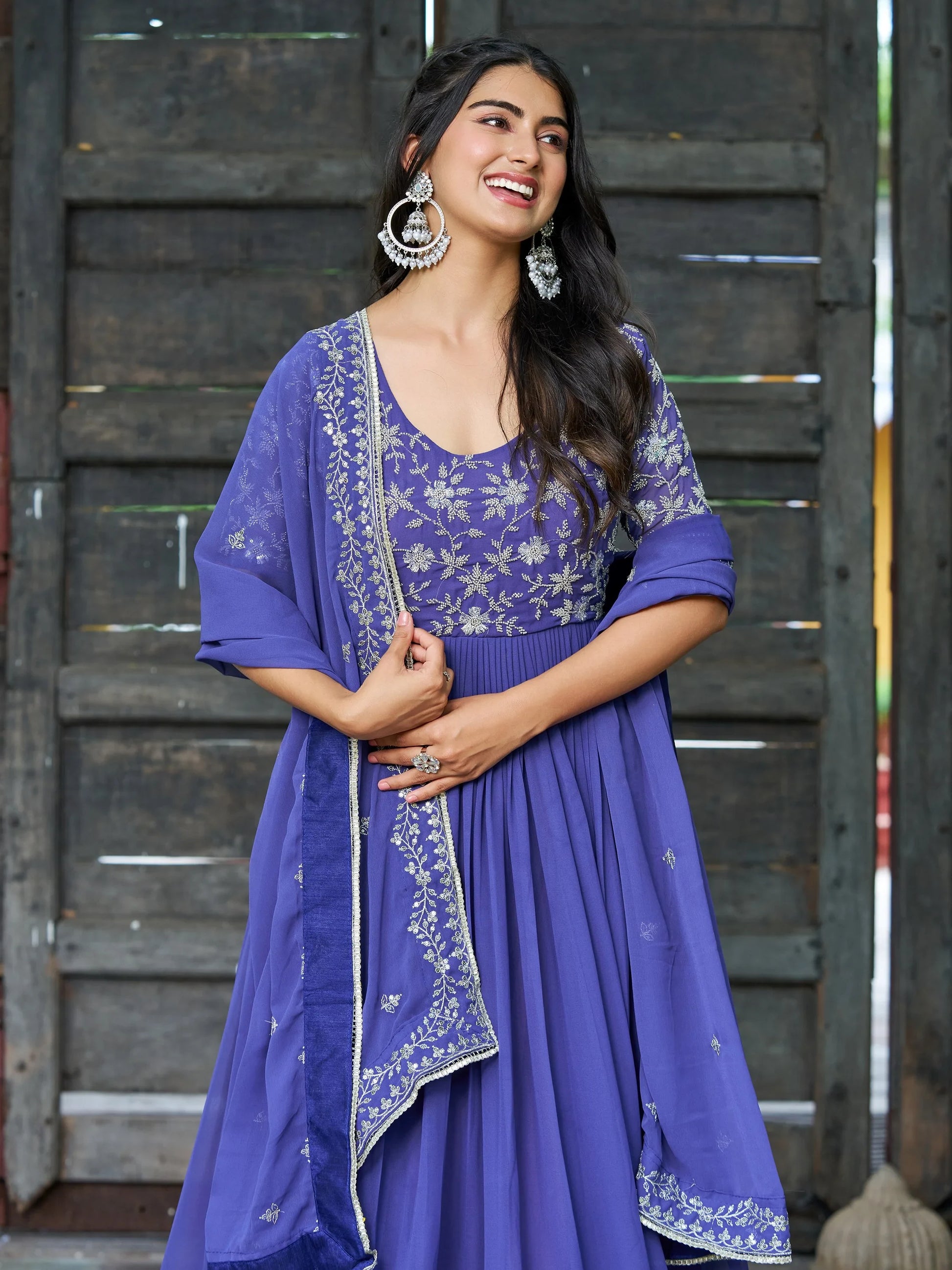 Beautiful Blue Bead Embroidered Georgette Function Wear Gown With Dupatta