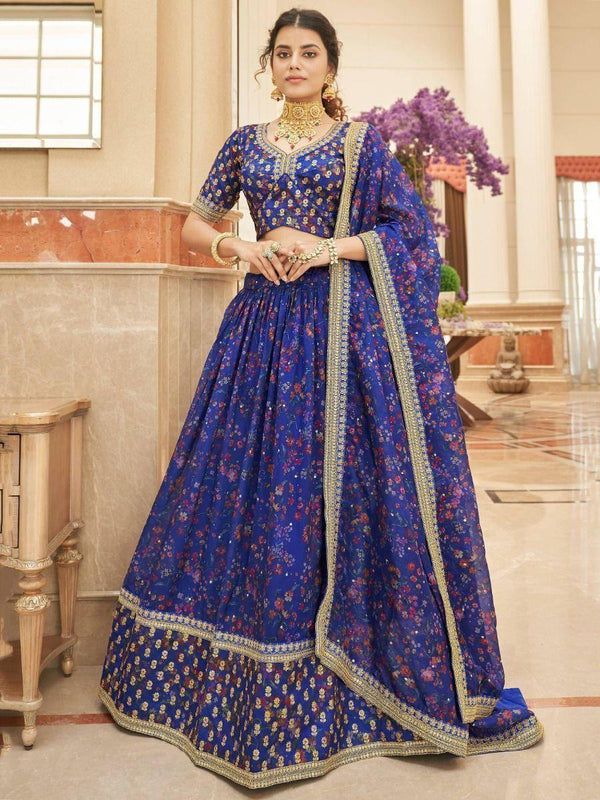 Beautiful Blue Digital Printed Organza Reception Wear Lehenga Choli - Zeel Clothing
