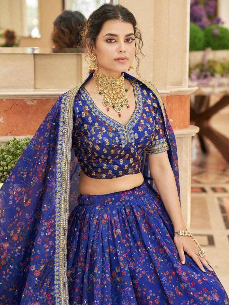 Beautiful Blue Digital Printed Organza Reception Wear Lehenga Choli - Zeel Clothing