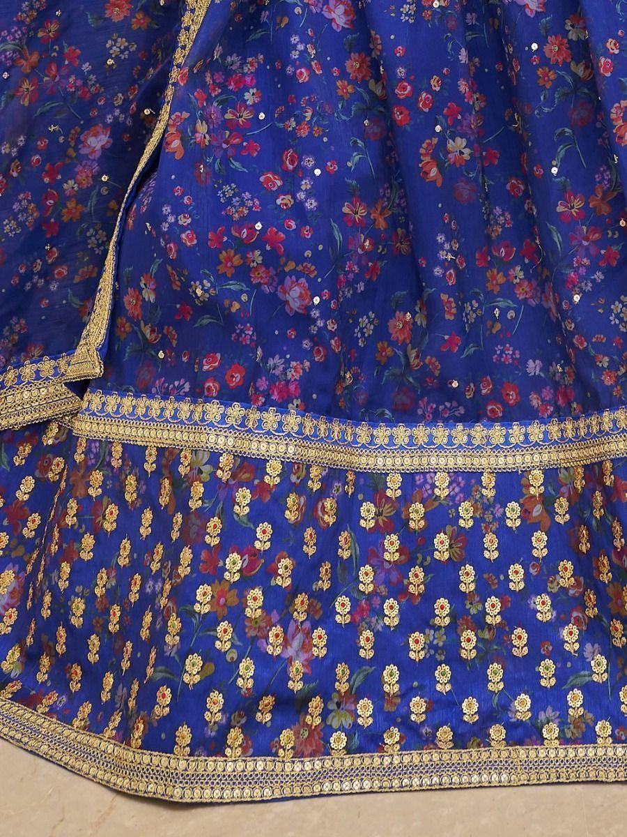 Beautiful Blue Digital Printed Organza Reception Wear Lehenga Choli - Zeel Clothing