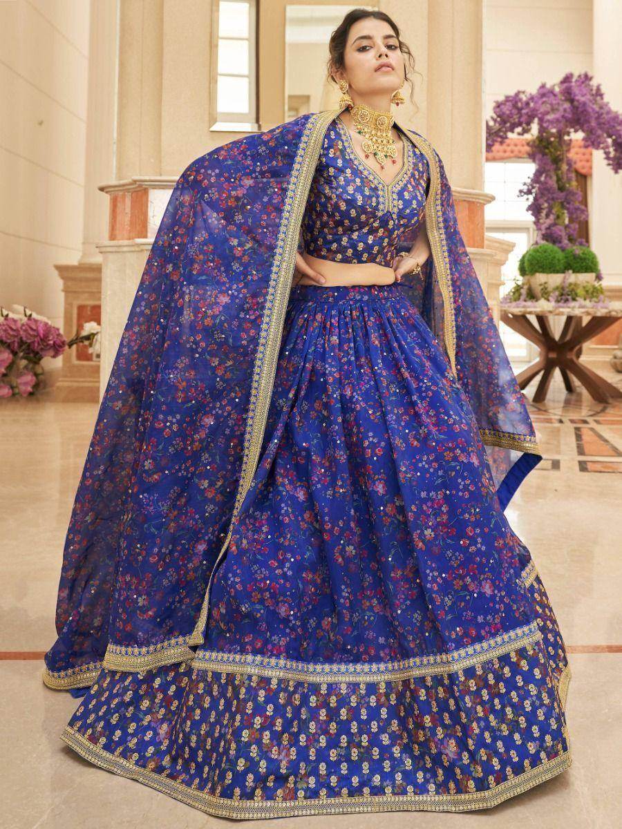 Beautiful Blue Digital Printed Organza Reception Wear Lehenga Choli - Zeel Clothing
