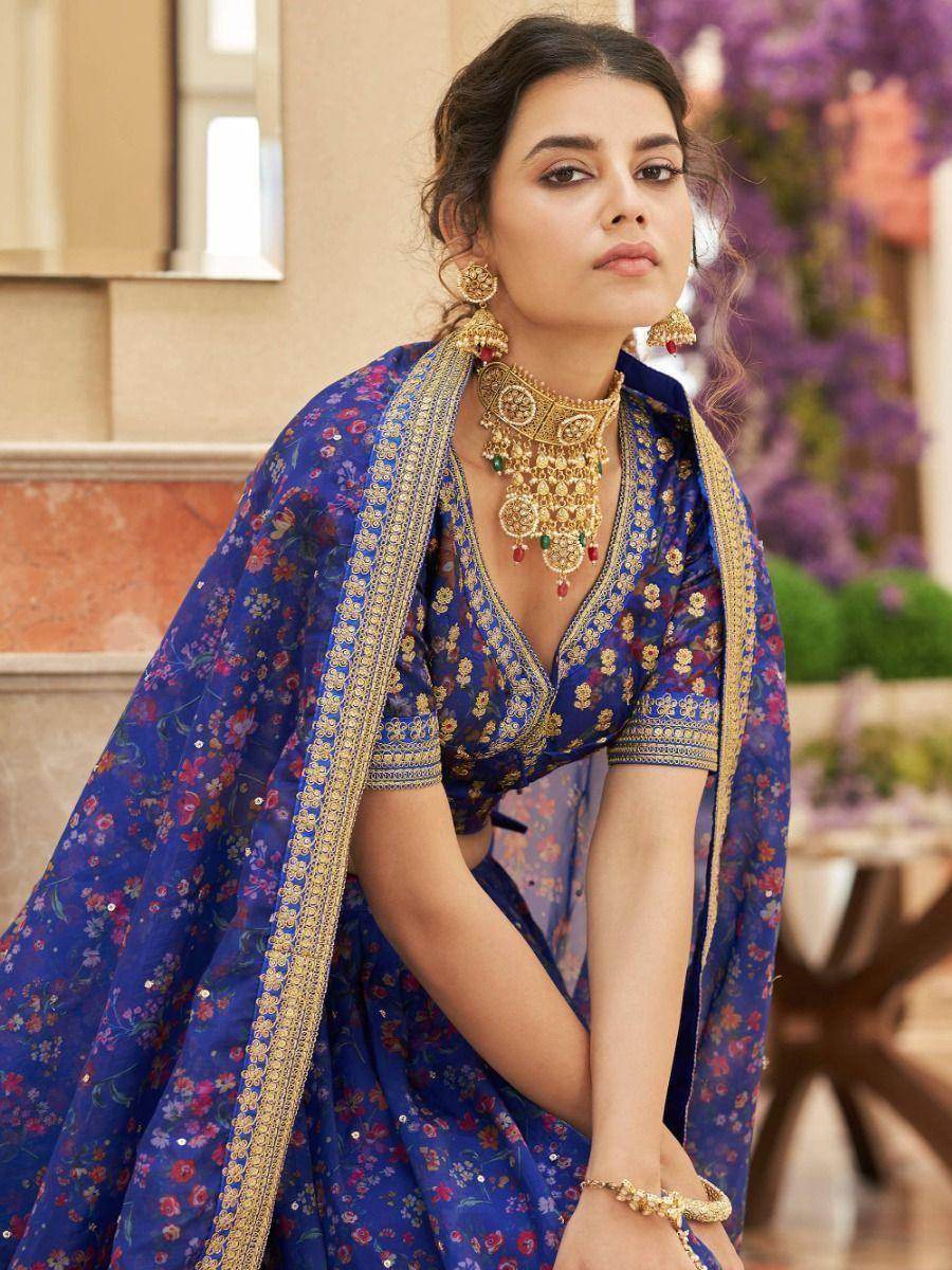 Beautiful Blue Digital Printed Organza Reception Wear Lehenga Choli - Zeel Clothing