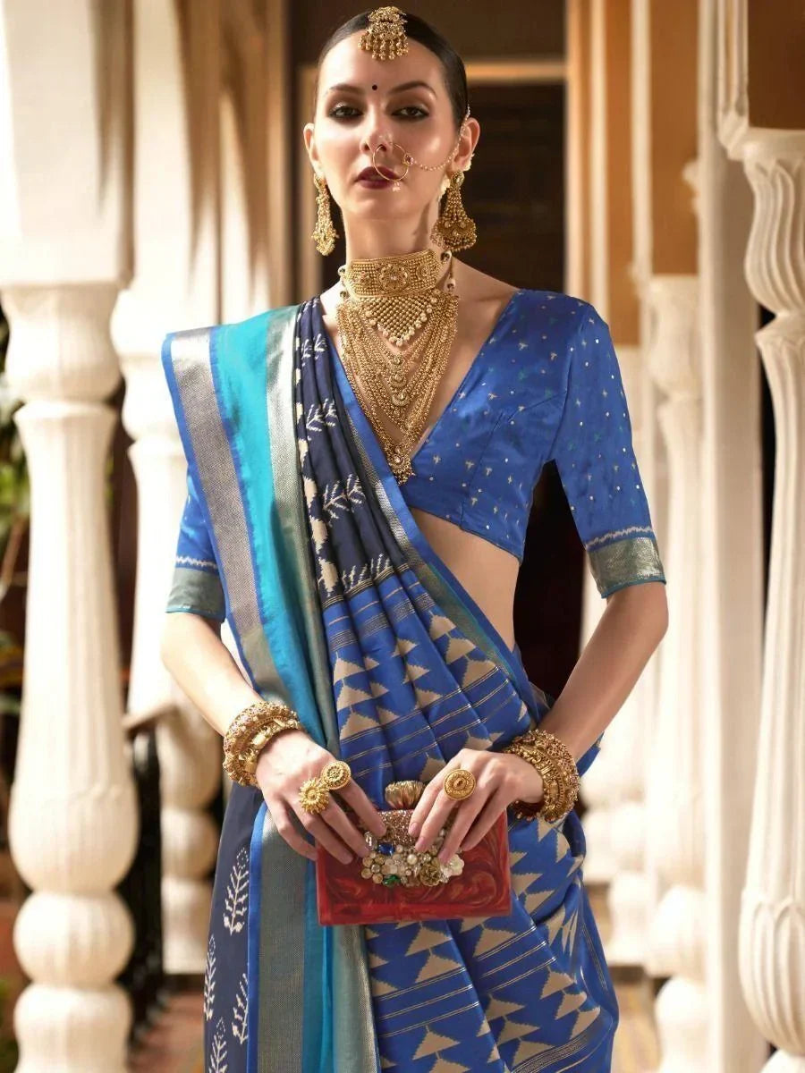Beautiful Blue Digital Printed Patola Silk Festive Wear Saree