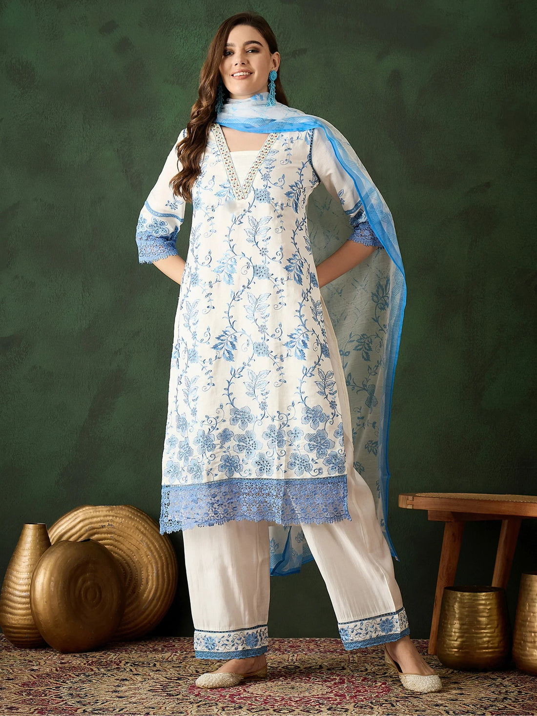 Beautiful Blue Embroidered Silk Event Wear Pant Suit With Dupatta - Zeel Clothing
