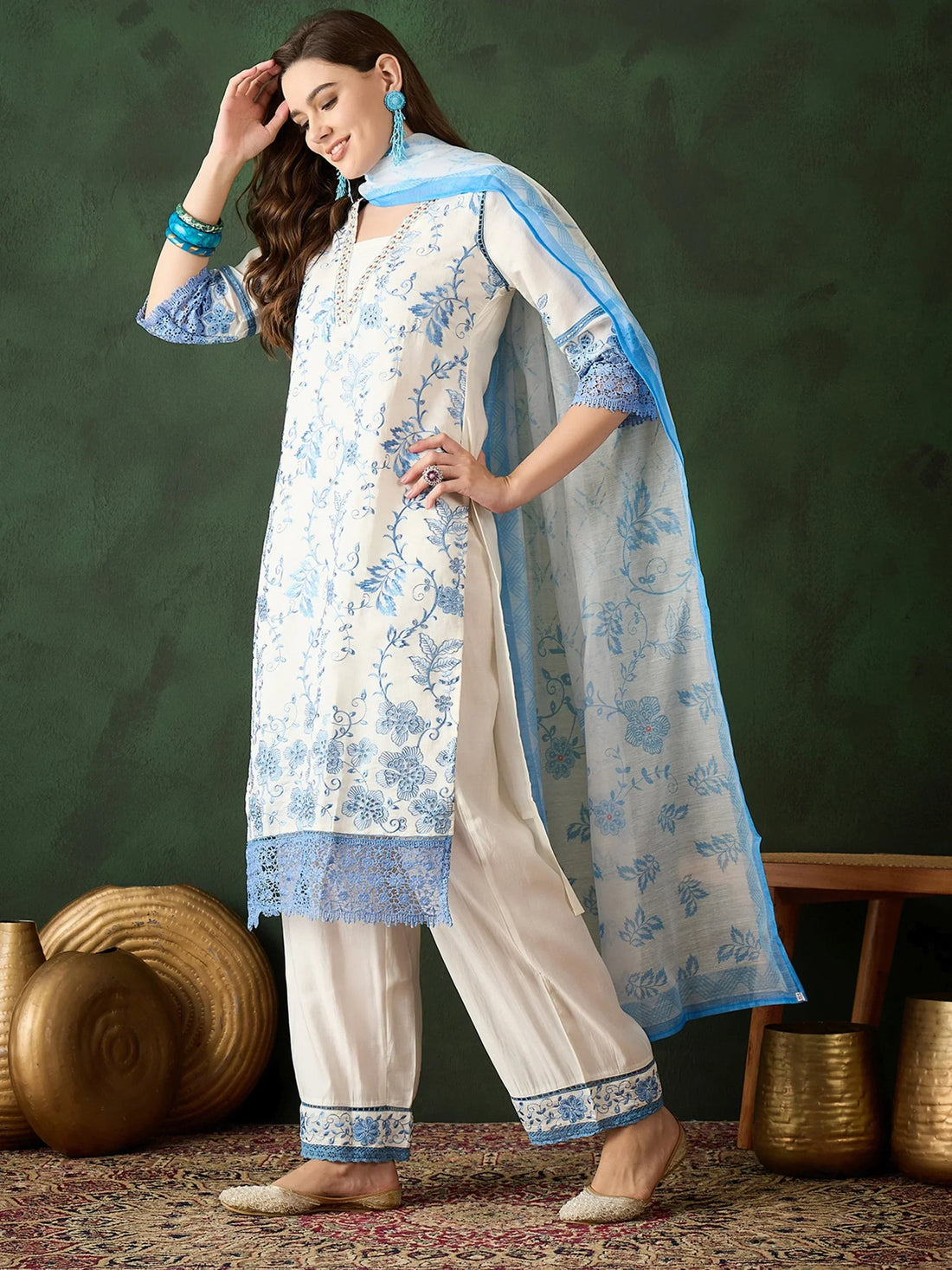 Beautiful Blue Embroidered Silk Event Wear Pant Suit With Dupatta - Zeel Clothing