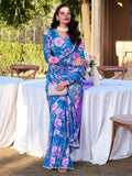 Beautiful Blue Floral Printed Chiffon Casual Wear Saree With Blouse - Zeel Clothing