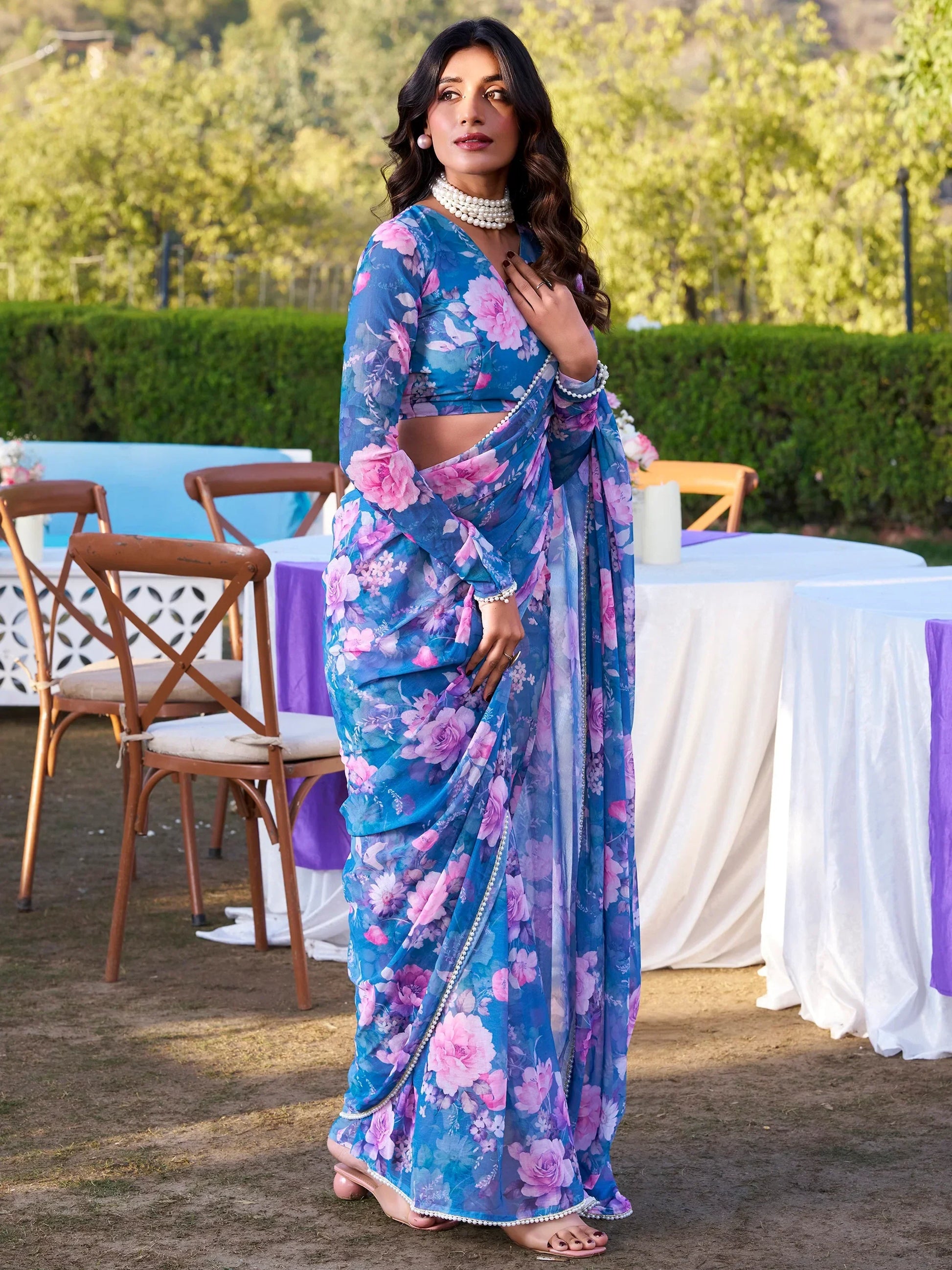Beautiful Blue Floral Printed Chiffon Casual Wear Saree With Blouse - Zeel Clothing