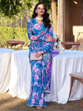 Beautiful Blue Floral Printed Chiffon Casual Wear Saree With Blouse - Zeel Clothing