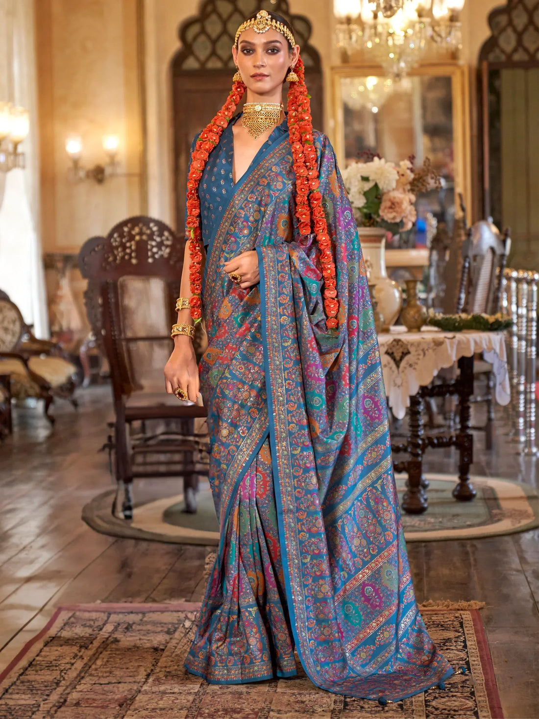 Beautiful Blue Foil Printed Silk Evening Wear Saree With Blouse - Zeel Clothing