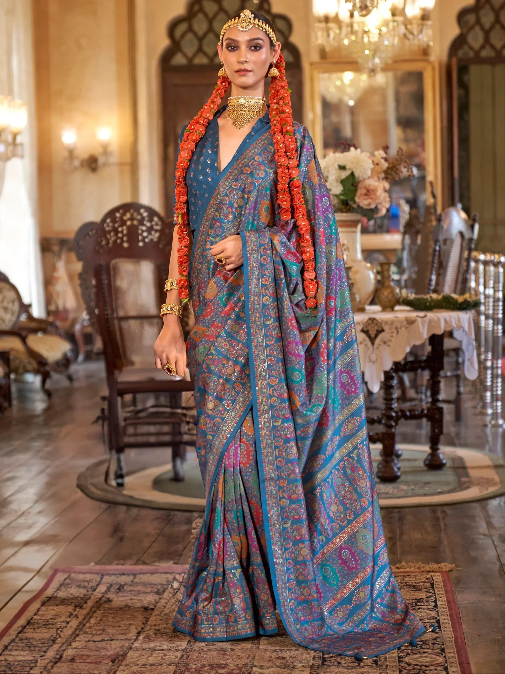 Beautiful Blue Foil Printed Silk Evening Wear Saree With Blouse - Zeel Clothing