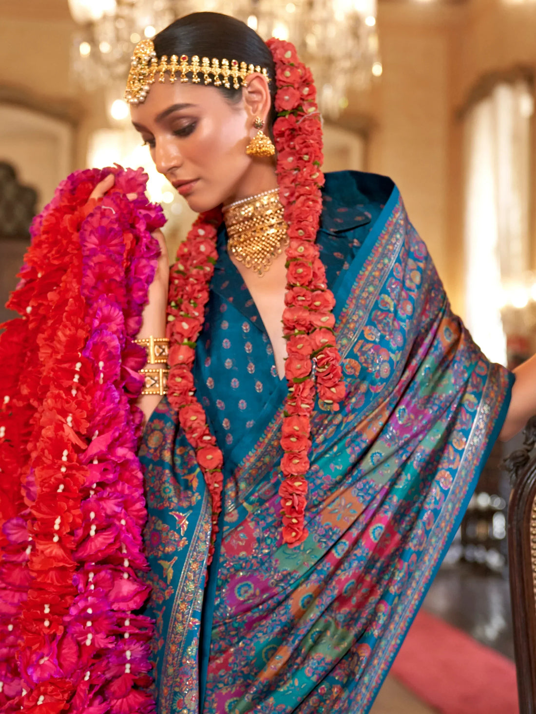 Beautiful Blue Foil Printed Silk Evening Wear Saree With Blouse - Zeel Clothing