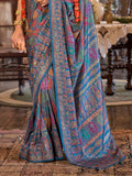 Beautiful Blue Foil Printed Silk Evening Wear Saree With Blouse - Zeel Clothing
